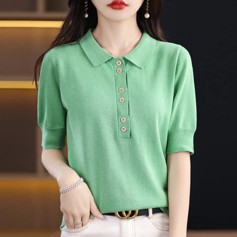 Women's T-shirt Summer 100% Cotton Sweater Short Sleeve Casual Knitwear POLO Collar Ladies' Tops Loose Pullover Tees Buttons
