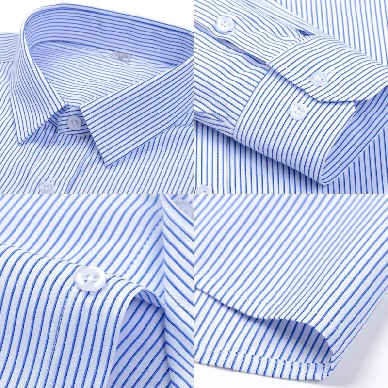 Men Formal Shirt Long Sleeve Office Solid Color Striped Anti-Wrinkle Fashion Business Pocket White Social Pocket Shirt S-4XL