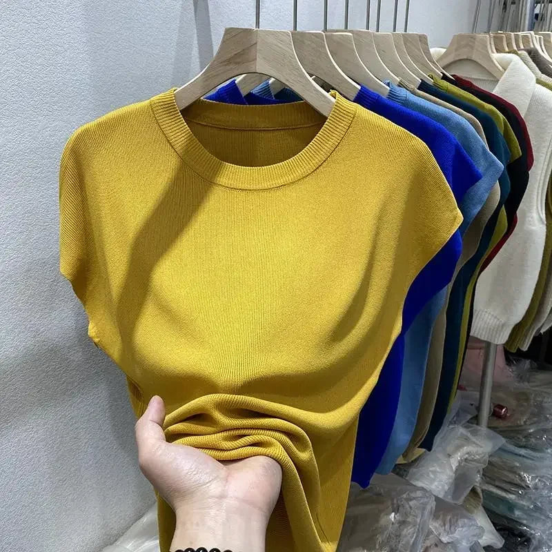 Women's T-shirt Summer O Neck Knitted Fashion Woman Blouse 2025 Short Sleeve Tees Solid Color Ice Silk Oversized T-shirt Women