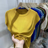 Women's T-shirt Summer O Neck Knitted Fashion Woman Blouse 2025 Short Sleeve Tees Solid Color Ice Silk Oversized T-shirt Women