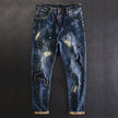 Jeans for Men Stretch Trousers Slim Fit Skinny Ripped Male Cowboy Pants Elastic Patch Broken with Holes Tight Pipe Torn Retro Xs