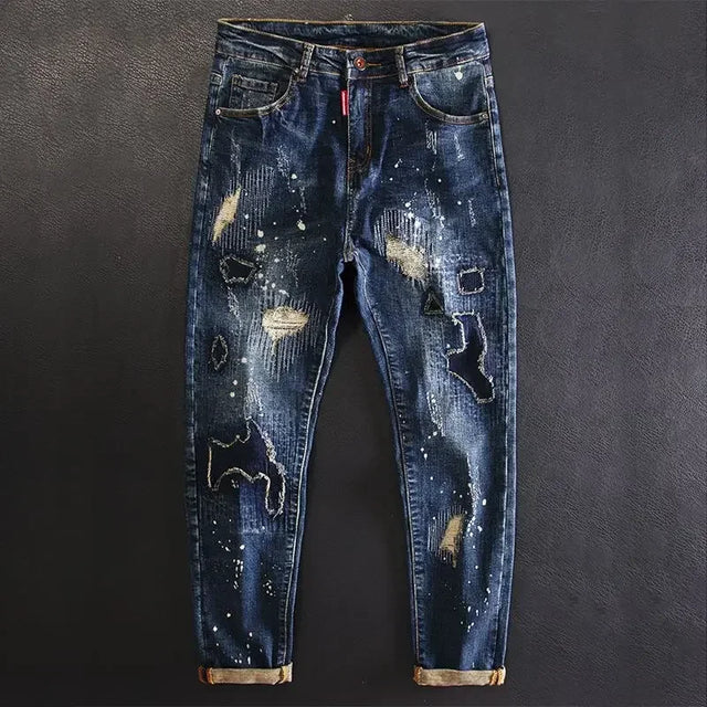 Jeans for Men Stretch Trousers Slim Fit Skinny Ripped Male Cowboy Pants Elastic Patch Broken with Holes Tight Pipe Torn Retro Xs