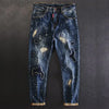 Jeans for Men Stretch Trousers Slim Fit Skinny Ripped Male Cowboy Pants Elastic Patch Broken with Holes Tight Pipe Torn Retro Xs