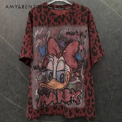 Popular Short-Sleeved T-shirt 2024 New Winter Cartoon Sequins Design Sense Women's Kawaii Clothes Top Fashion Brand Cute Tees