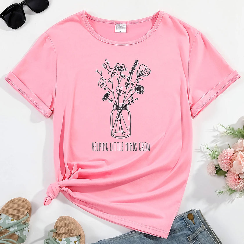 Women's T-shirt Flowers Pattern Print Round Neck Casual Streetwear Comfortable Breathable Female Clothing Top Tees Hot Sales