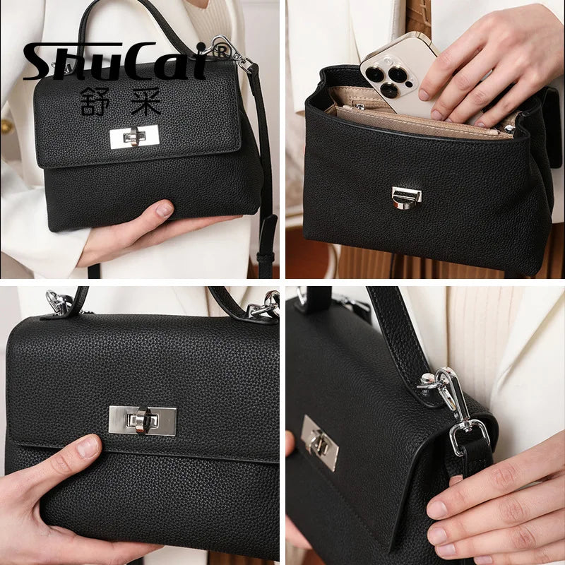 Ladies Cowhide Bags Shoulder Crossbody Bags Female  Genuine Leather Tote Vintage Commuter Women Small Square Bag Luxury Designer