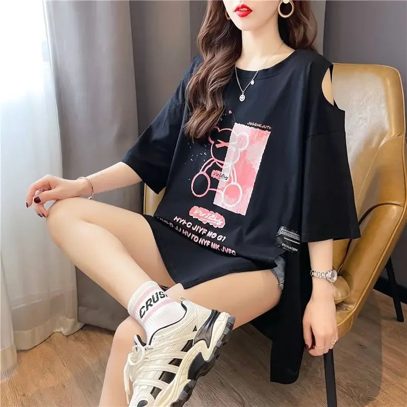 Women's T-shirt Graphic Cotton Short Sleeve Top Female Off Shoulder Summer Outfit Y2k Clothes Clothing Sales Korean Streetwear