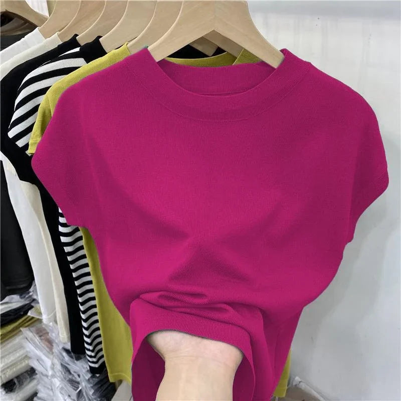 Women's T-shirt Summer O Neck Knitted Fashion Woman Blouse 2025 Short Sleeve Tees Solid Color Ice Silk Oversized T-shirt Women