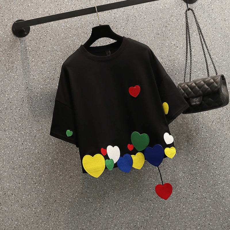 2025 New Women T-shirts Casual Harajuku Love Patchwork Tops Tee Summer Female T shirt Short Sleeve T shirt For Women Clothing