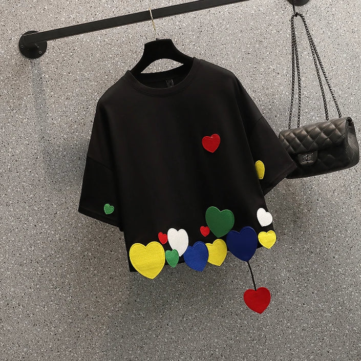 2025 New Women T-shirts Casual Harajuku Love Patchwork Tops Tee Summer Female T shirt Short Sleeve T shirt For Women Clothing