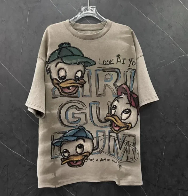 Popular Short-Sleeved T-shirt 2024 New Winter Cartoon Sequins Design Sense Women's Kawaii Clothes Top Fashion Brand Cute Tees