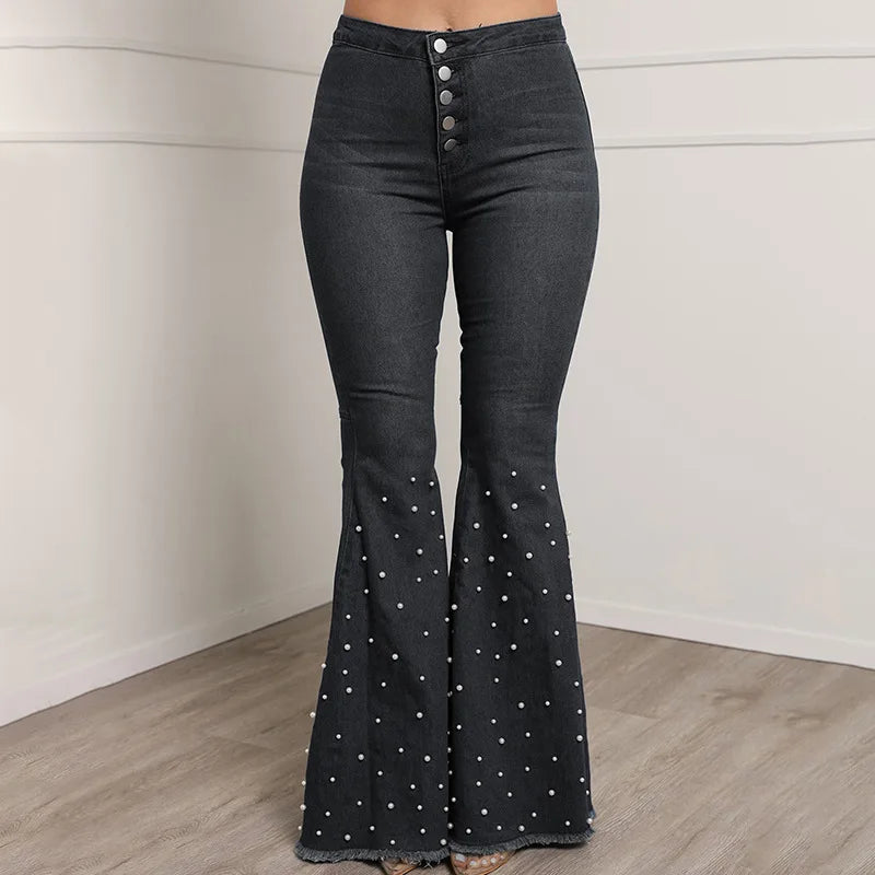 Women's casual jeans, fashionable studded Button flared y2k jeans