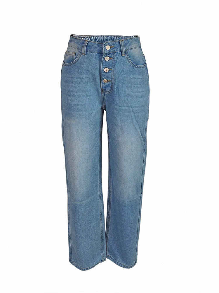 Summer New Women's Jeans Loose Casual Versatile Simple Slim Multi Button Denim Straight Leg Trousers Ankle Length Pants TC010200