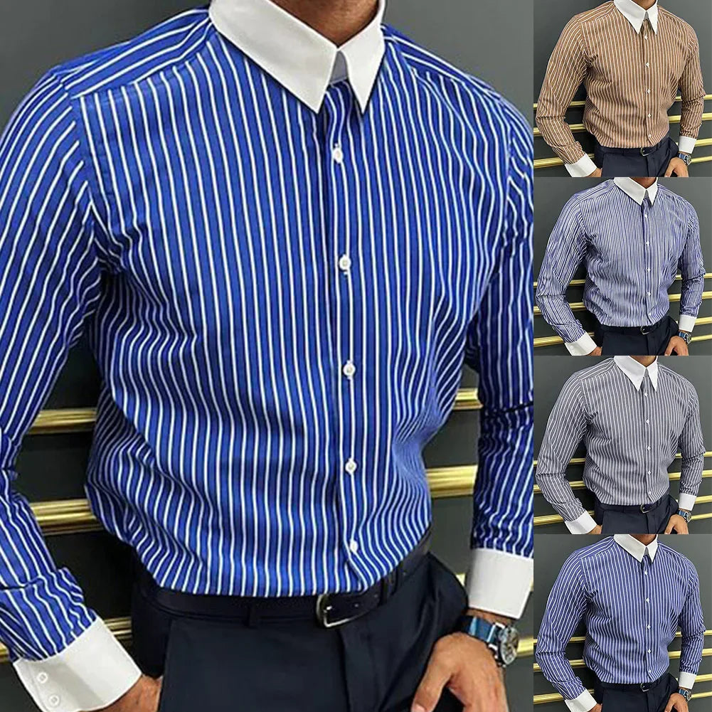 Men Casual Striped Shirt Slim Fit Long Sleeve Formal Business Dress Shirt Top Collared Male Striped Shirt