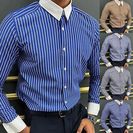Men Casual Striped Shirt Slim Fit Long Sleeve Formal Business Dress Shirt Top Collared Male Striped Shirt