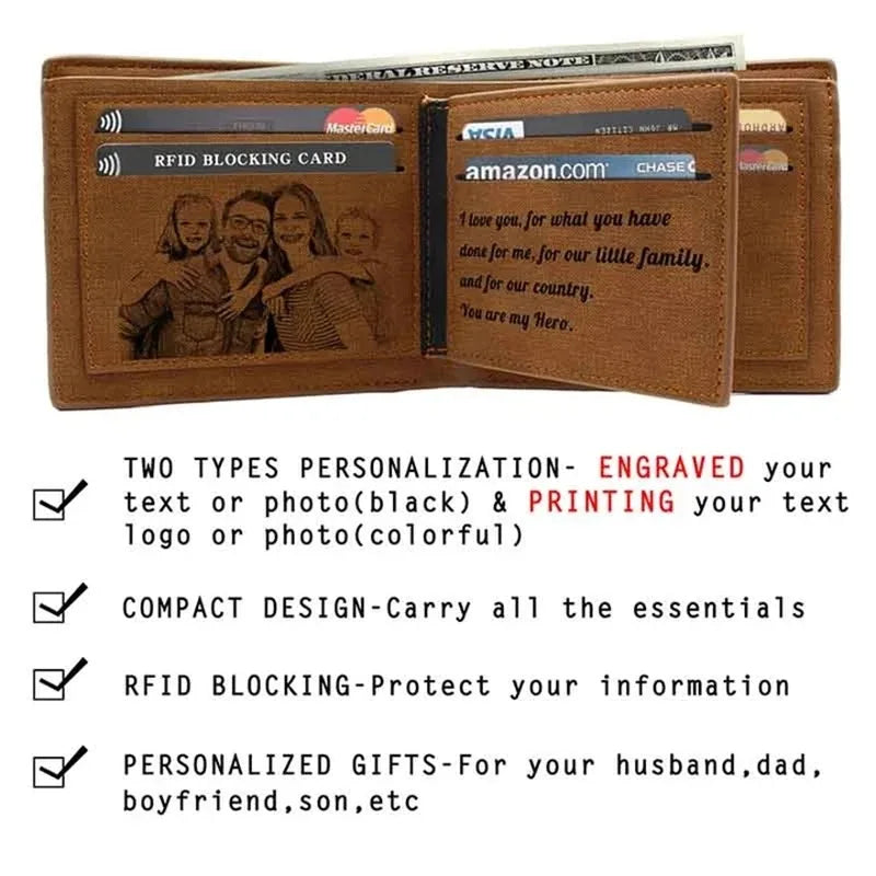 Custom Photo Engraved Wallet Engraving Picture Wallet PU Leather Bifold Wallet Festival Gifts For Him Custom Personalized Wallet