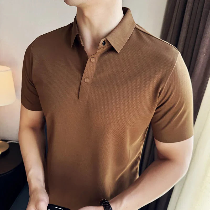 Men Polo Shirt 2025 Summer New Ice Silk Light Thin Traceless Solid Casual Elastic Slim Fit Short Sleeved T-shirt Men Clothing