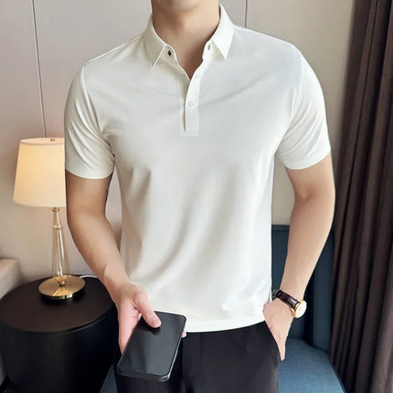 Men Polo Shirt 2025 Summer New Ice Silk Light Thin Traceless Solid Casual Elastic Slim Fit Short Sleeved T-shirt Men Clothing