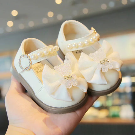Baby Girls Walking Shoes with Big Bow Bear Children Princess Shoes Soft Sole Round Toe 2025 New Fashion Kids Flat Shoes Non-slip