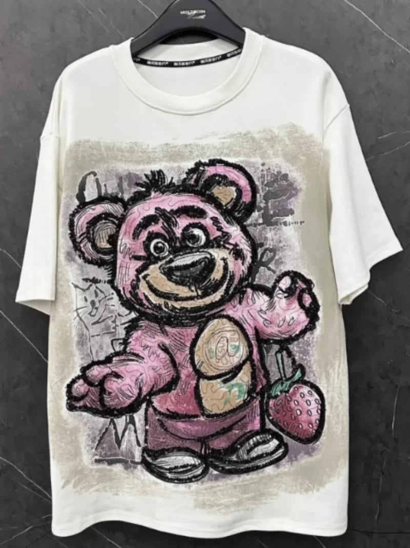 Popular Short-Sleeved T-shirt 2024 New Winter Cartoon Sequins Design Sense Women's Kawaii Clothes Top Fashion Brand Cute Tees