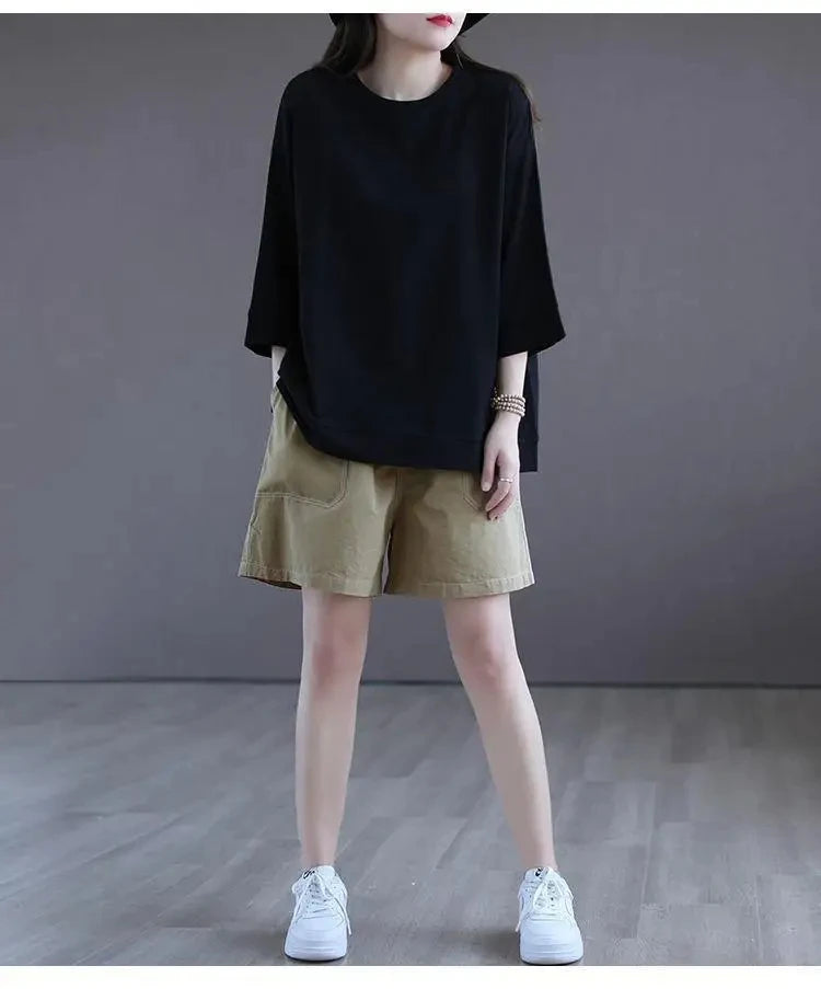 Women T-shirt Spring and Summer New Simplicity Versatile Casual Commuting Fashion 3/4 Sleeve Elegant Solid Color Short Sleeve